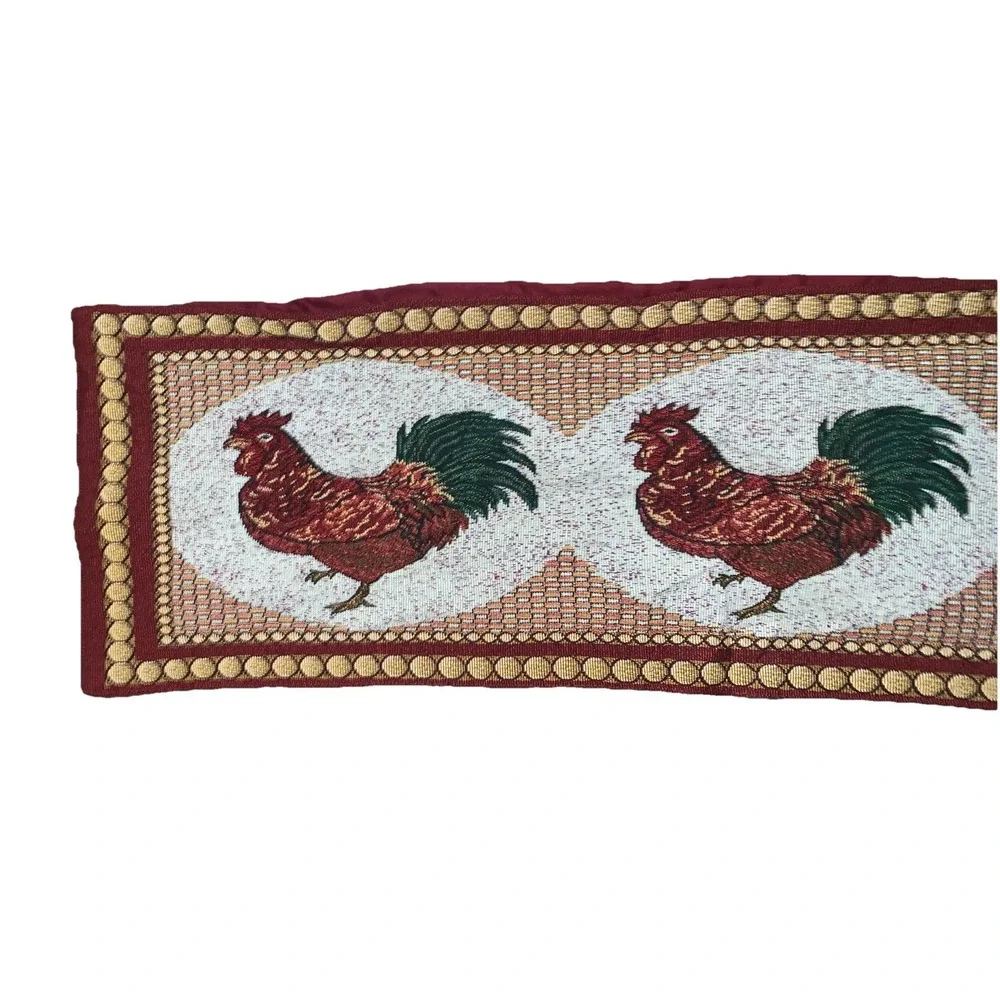 VTG‎ Country Rooster Jacquard woven Burgundy Tapestry Table Runner Farmhouse 53